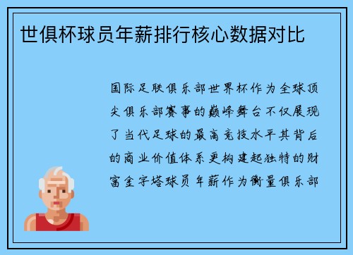 世俱杯球员年薪排行核心数据对比