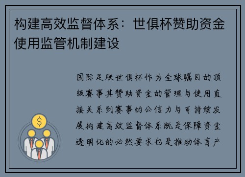 构建高效监督体系：世俱杯赞助资金使用监管机制建设